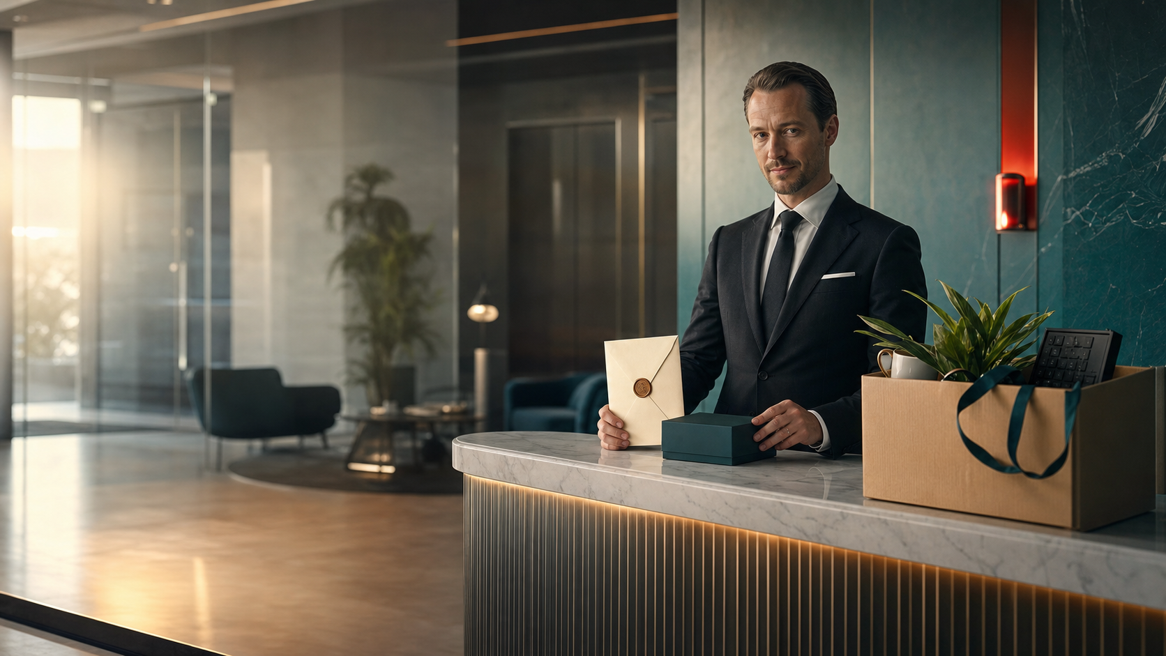 Elegante Bürolobby mit Berater, Umschlag und Karton voller Bürogegenstände